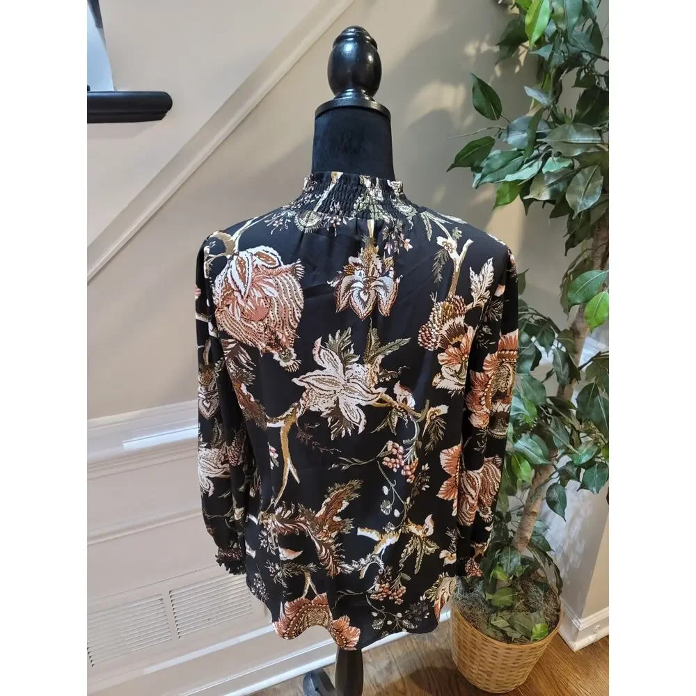 Maison D' Amelie Blouse Women's Small Black Floral Smocked Mock Neck Long Sleeve - Picture 7 of 11